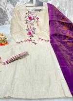 Cotton White Casual Wear Thread Work Readymade Kurti Set